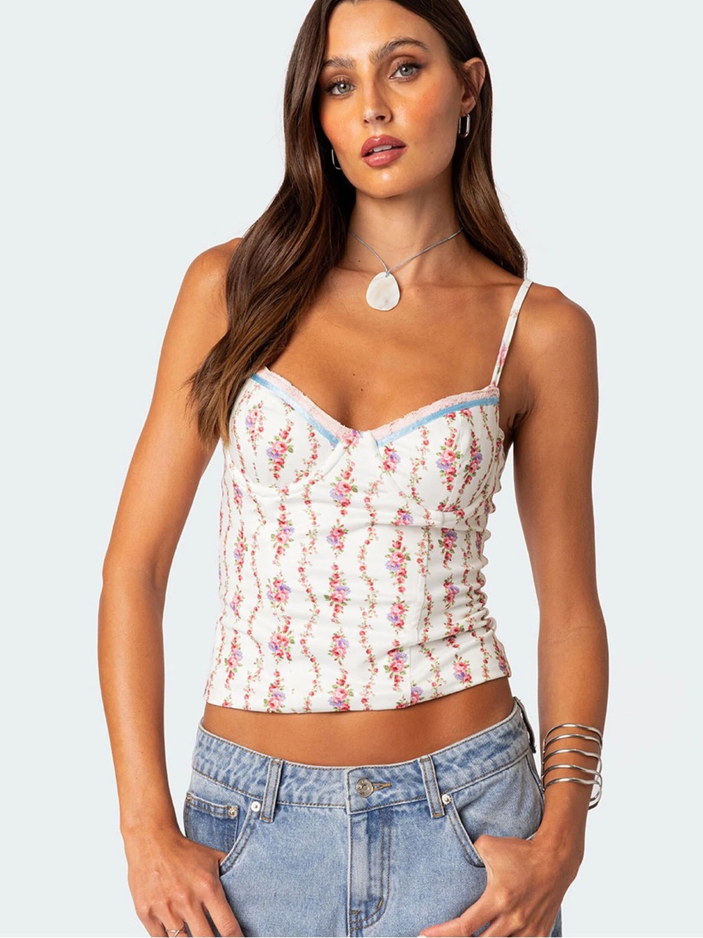 Edikted Cream Floral Lace-Trim Cami with Blue Accent